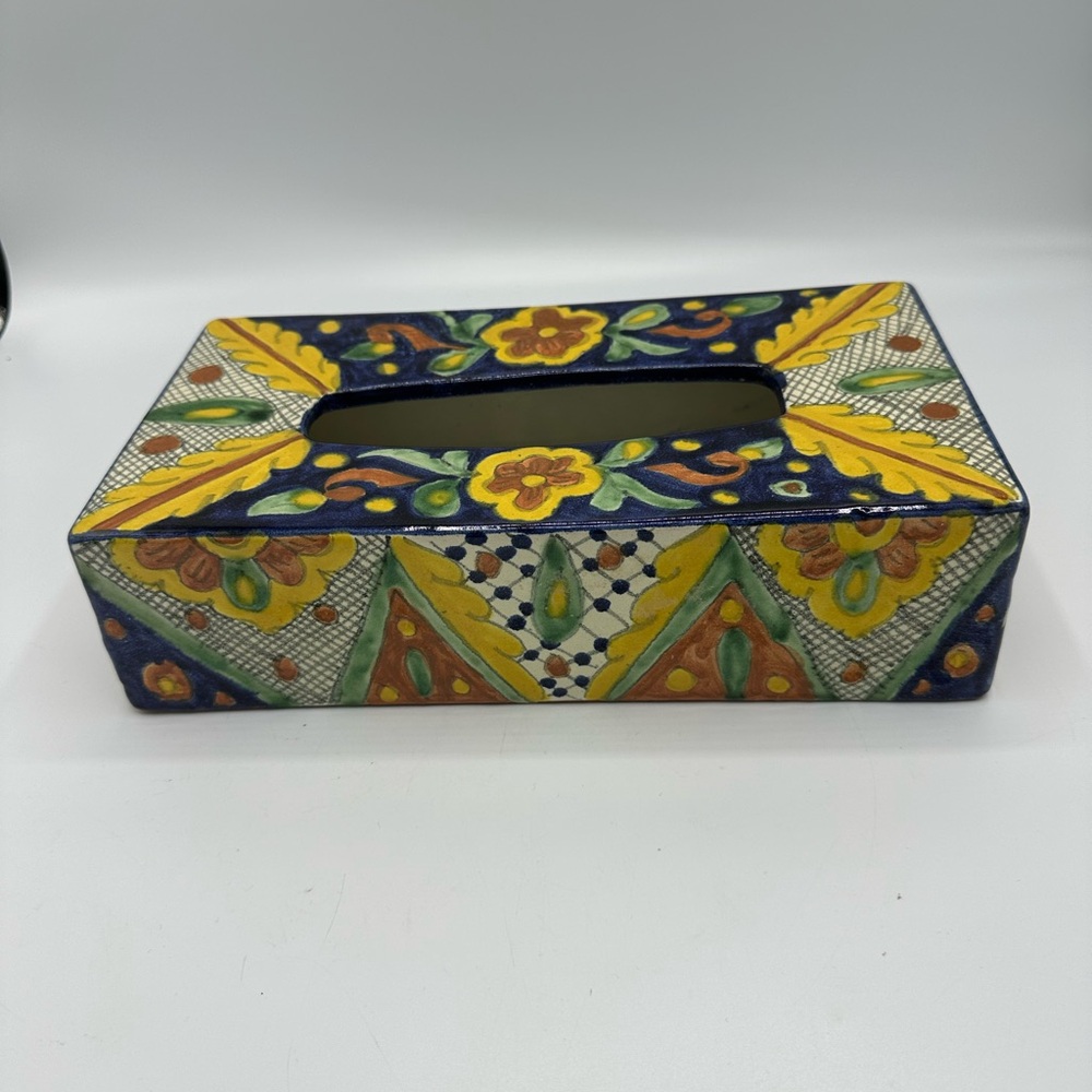 Talavera Tissue Cover Box Pottery Ceramic 11" Mexico Folk Art Blue Orange Yellow